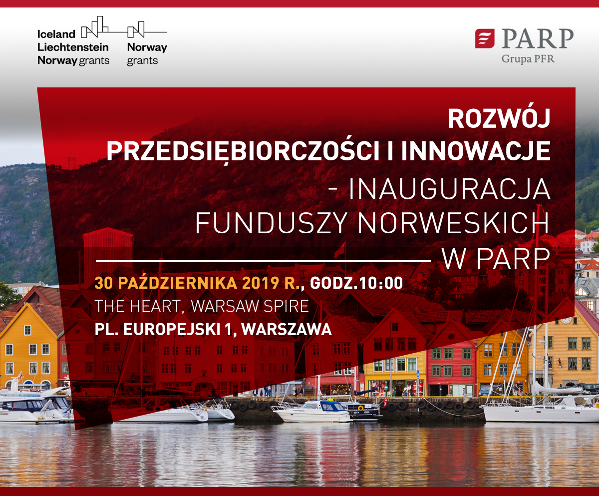 Baner zapraszający na konferencję inauguracyjną funduszy norweskich pt. Rozwój przedsiębiorczości i innowacje