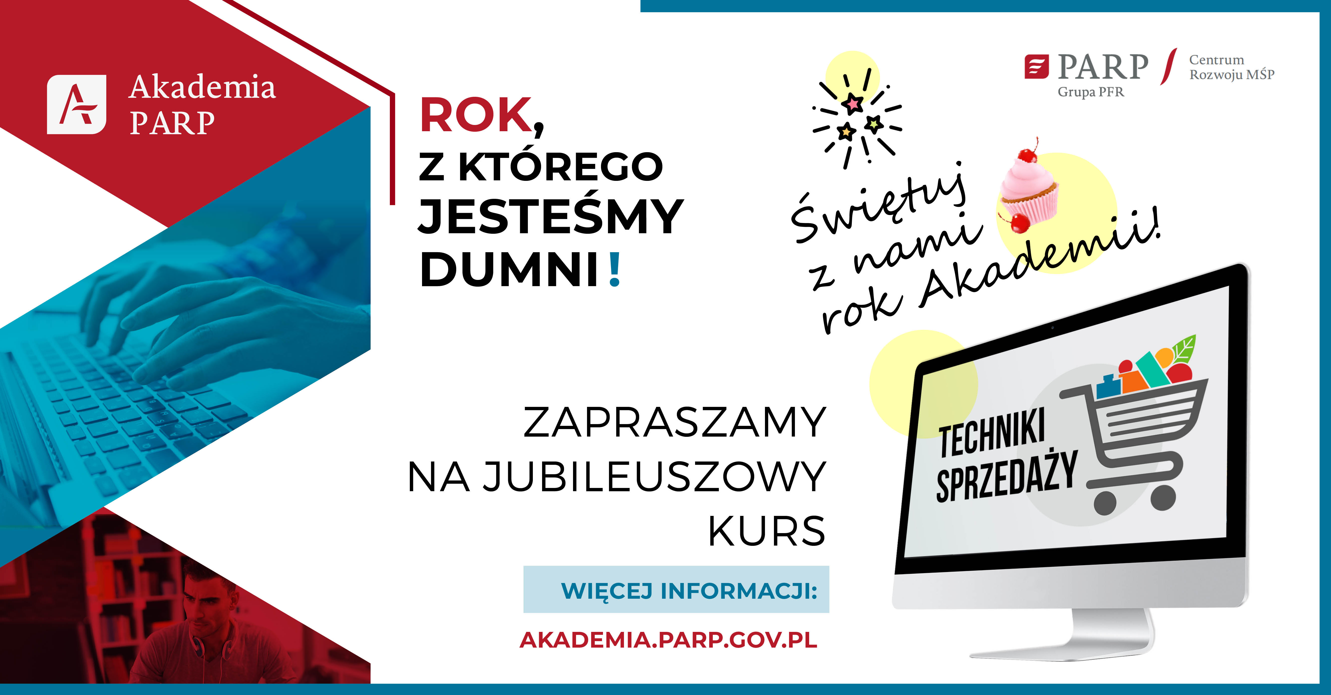 Grafika dotycząca jubileuszu Akademii PARP z hasłem: Świętuj z nami rok Akademii.