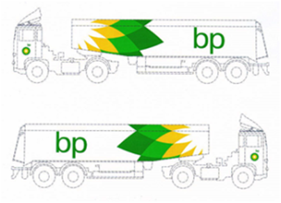 Rysunek przedstawia rzut boczny na ciągnik siodłowy z cysterną - jego lewą oraz prawą stronę. Na drzwiach ciągnika widać zielone koło z żółtym środkiem, natomiast na początku boku cysterny wzór słonecznika w kolorze zielono-żółtym, zaś na końcu boku cysterny - napis 